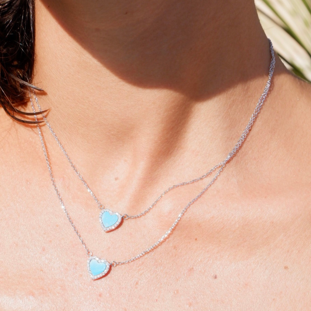 Double heart necklace blue (argento bianco)