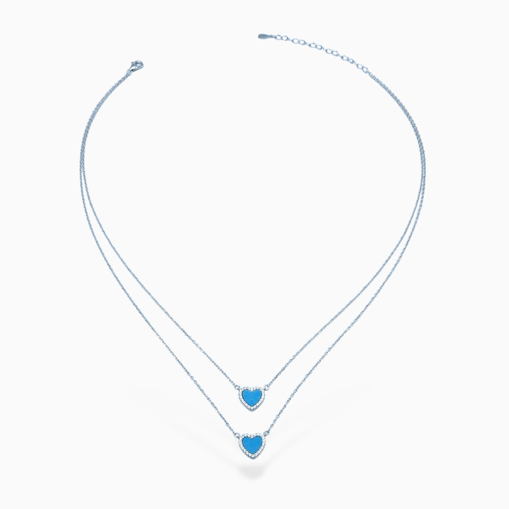 Double heart necklace blue (argento bianco)
