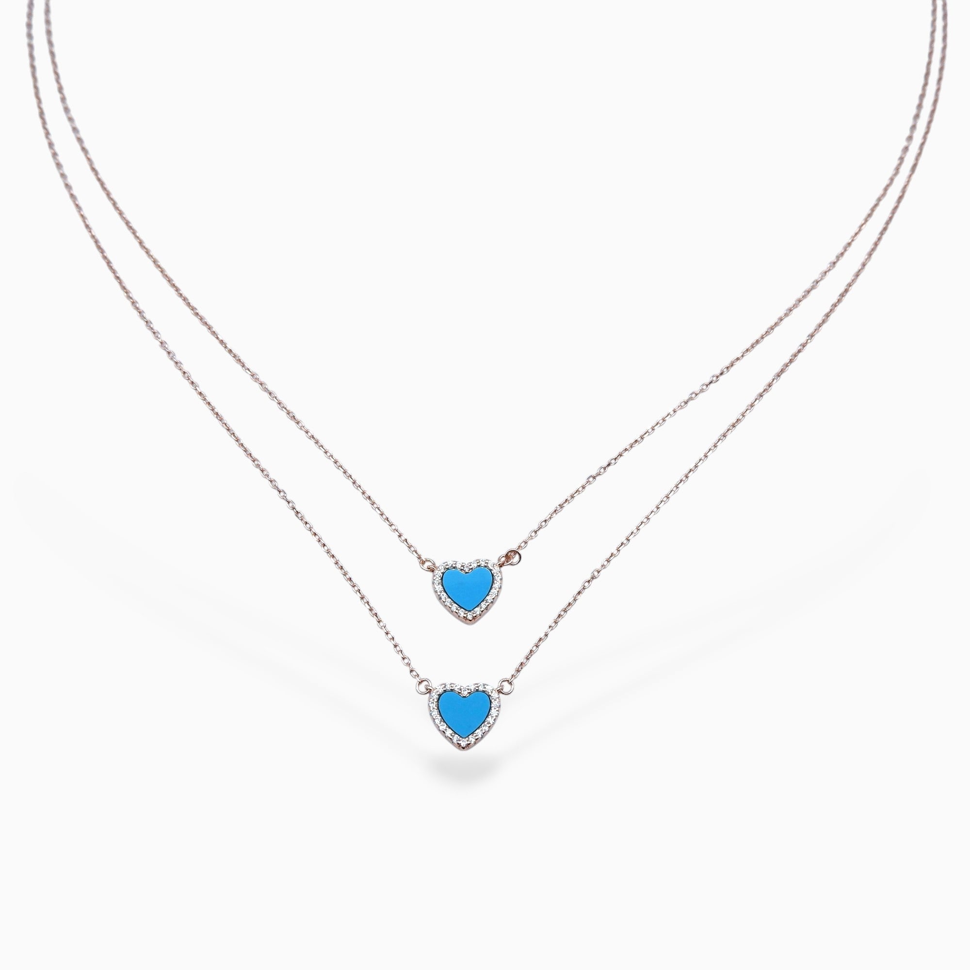 Double heart necklace blue (argento rosè)