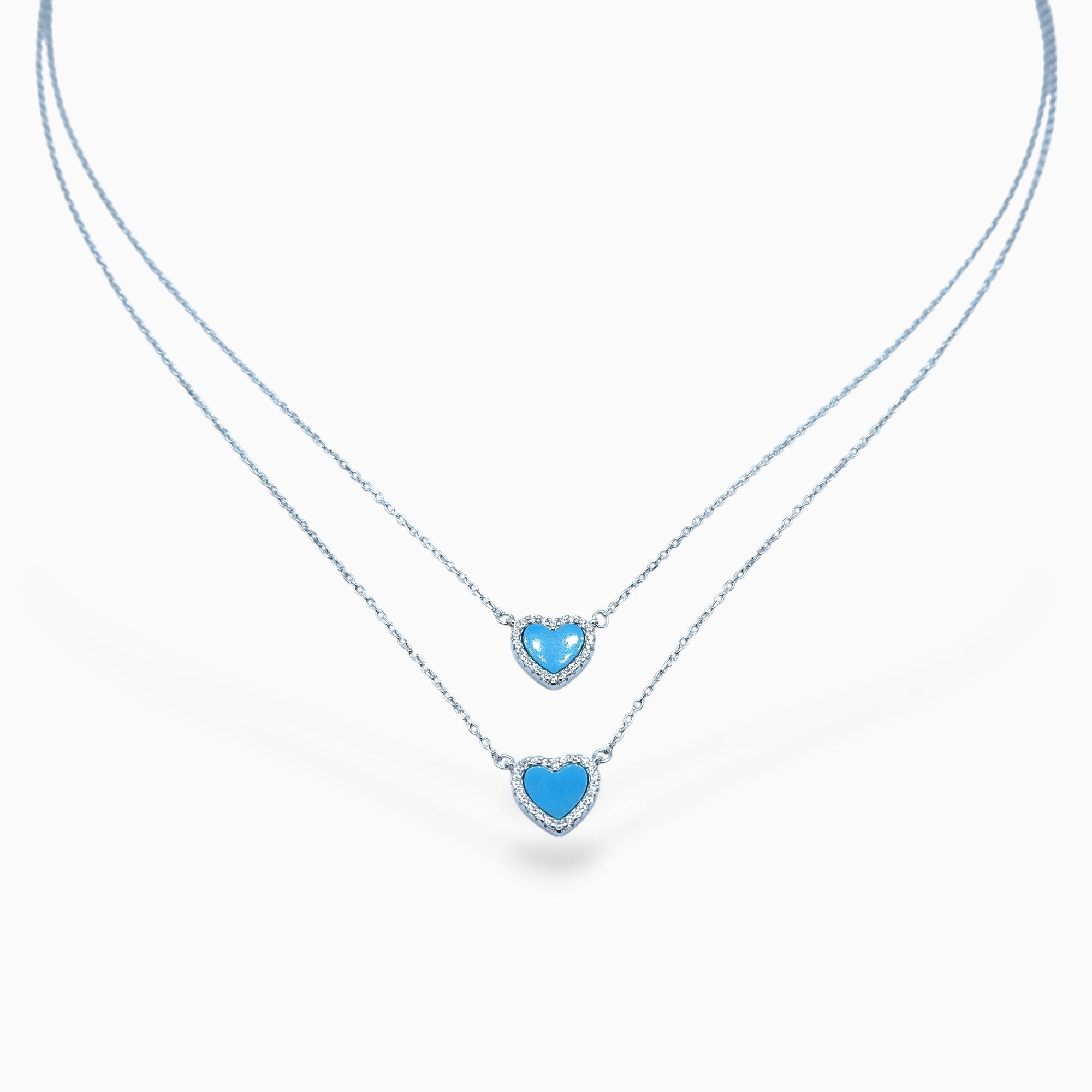 Double heart necklace blue (argento bianco)