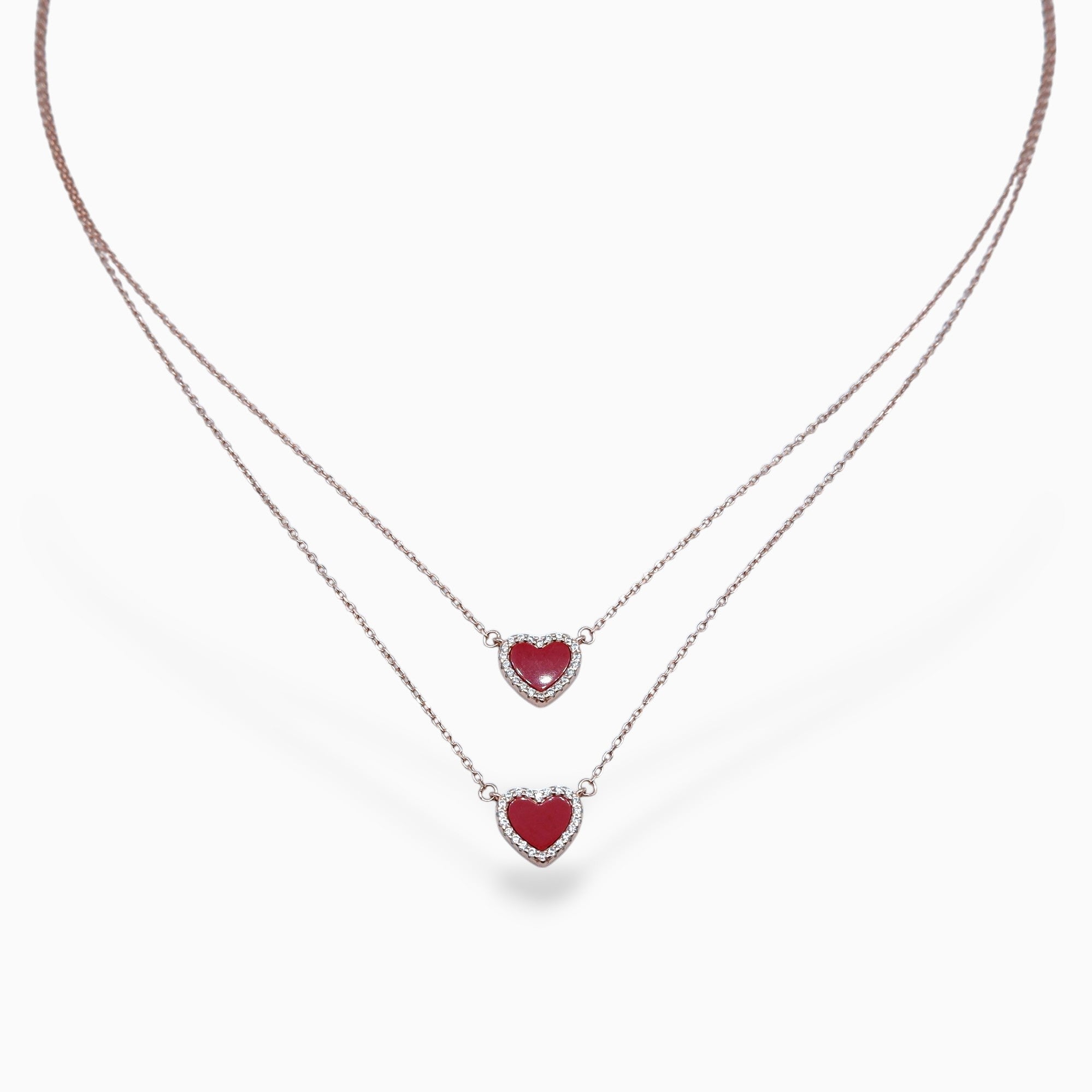 Double heart necklace red (argento rosè)
