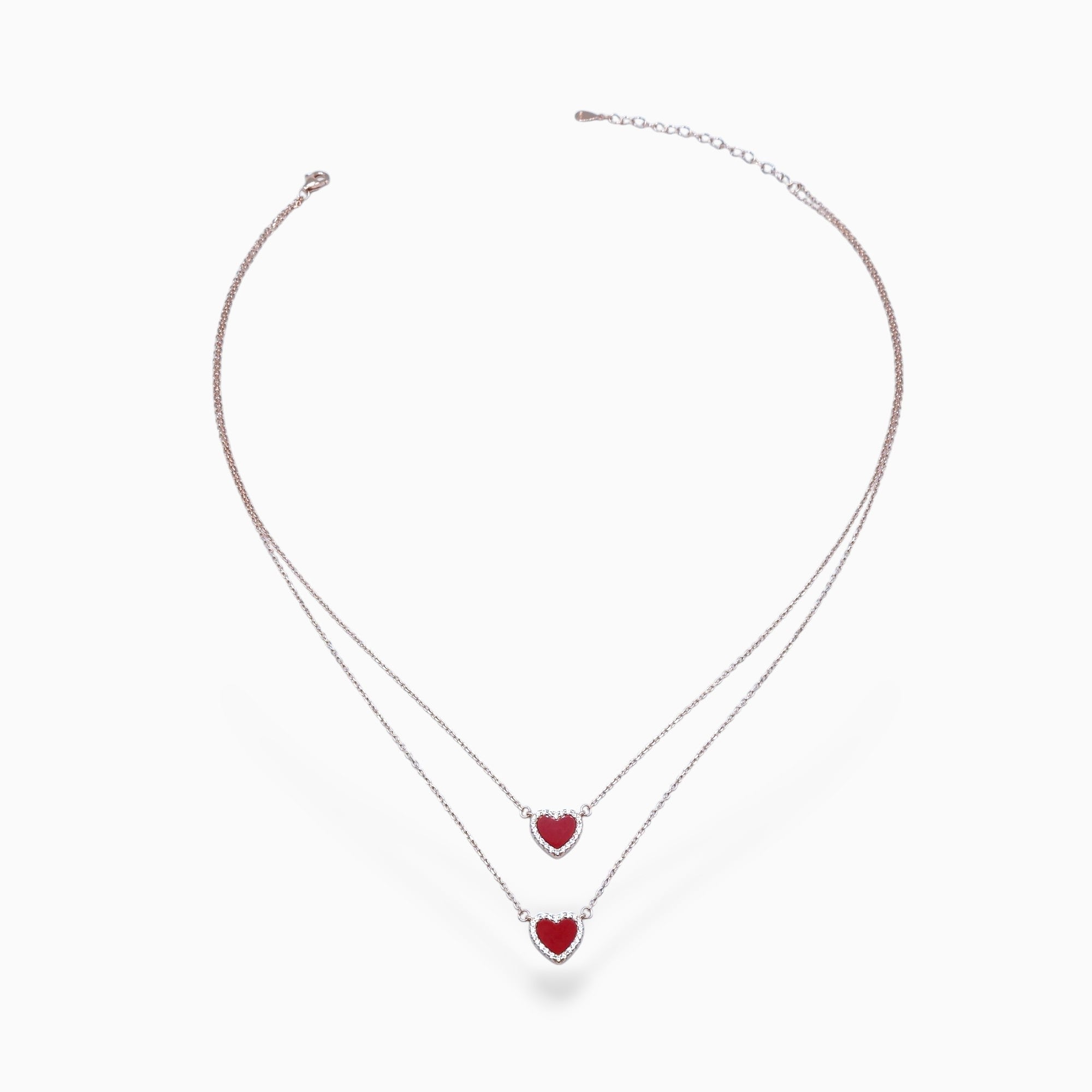 Double heart necklace red (argento rosè)