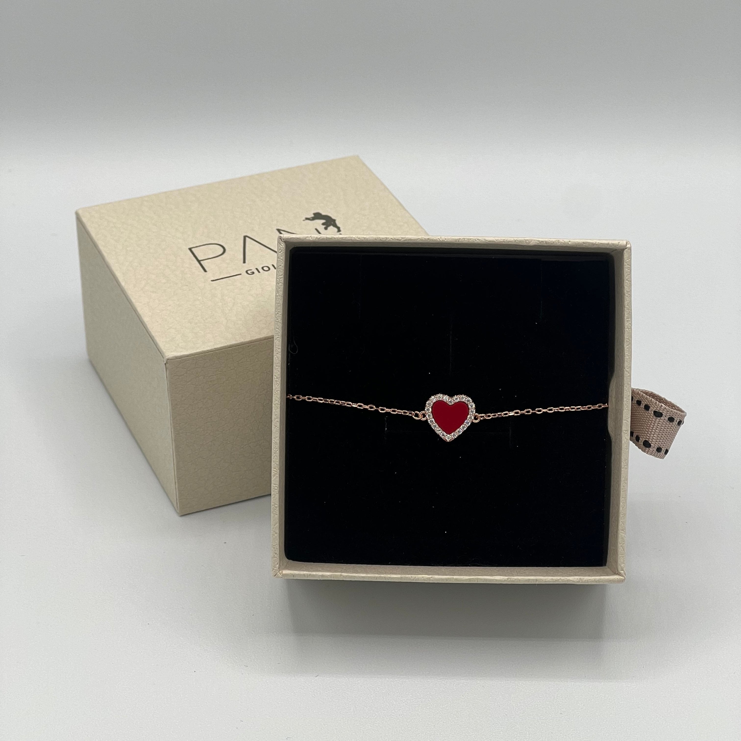 Heart bracelet, red agate (Argento rosè)
